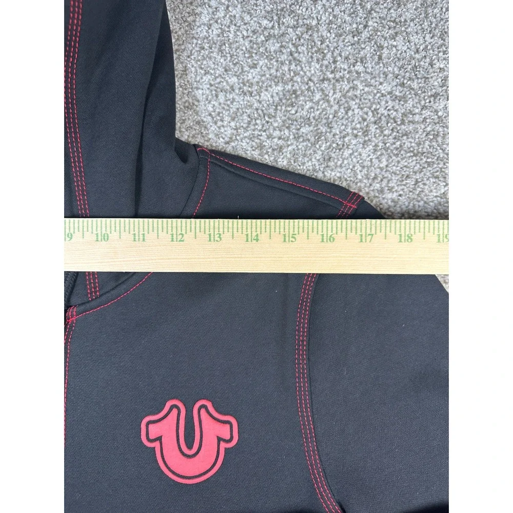 True Religion Mens TNL Puff Buddha Zip Hoodie Jet Black Red Stitch 701039 S